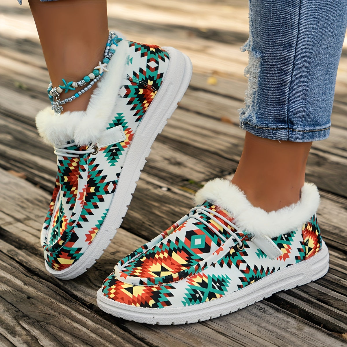 Tribal Pattern Canvas Shoes, Plush Lined Winter Sneakers
