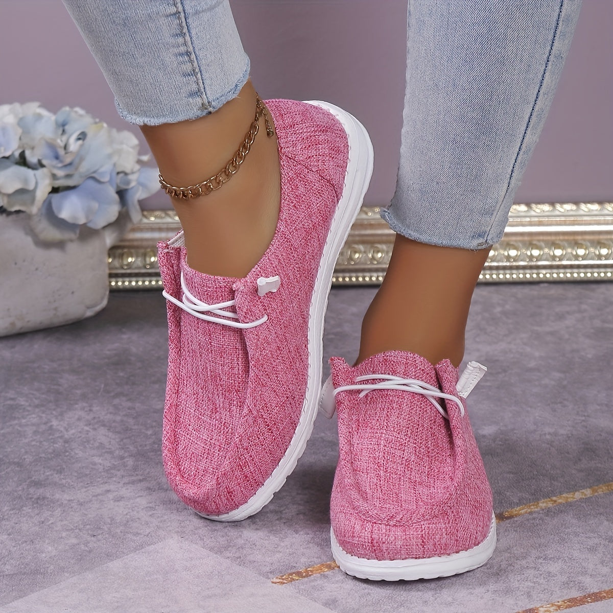 Casual Canvas Sneakers, Plain Toe Lace Up Flat Shoes