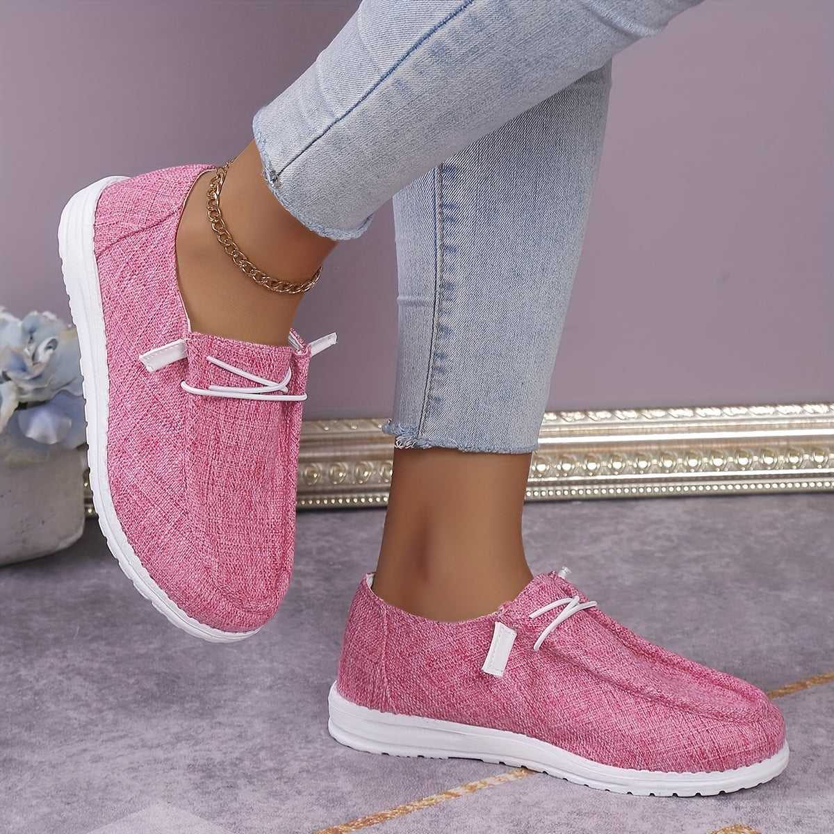 Casual Canvas Sneakers, Plain Toe Lace Up Flat Shoes