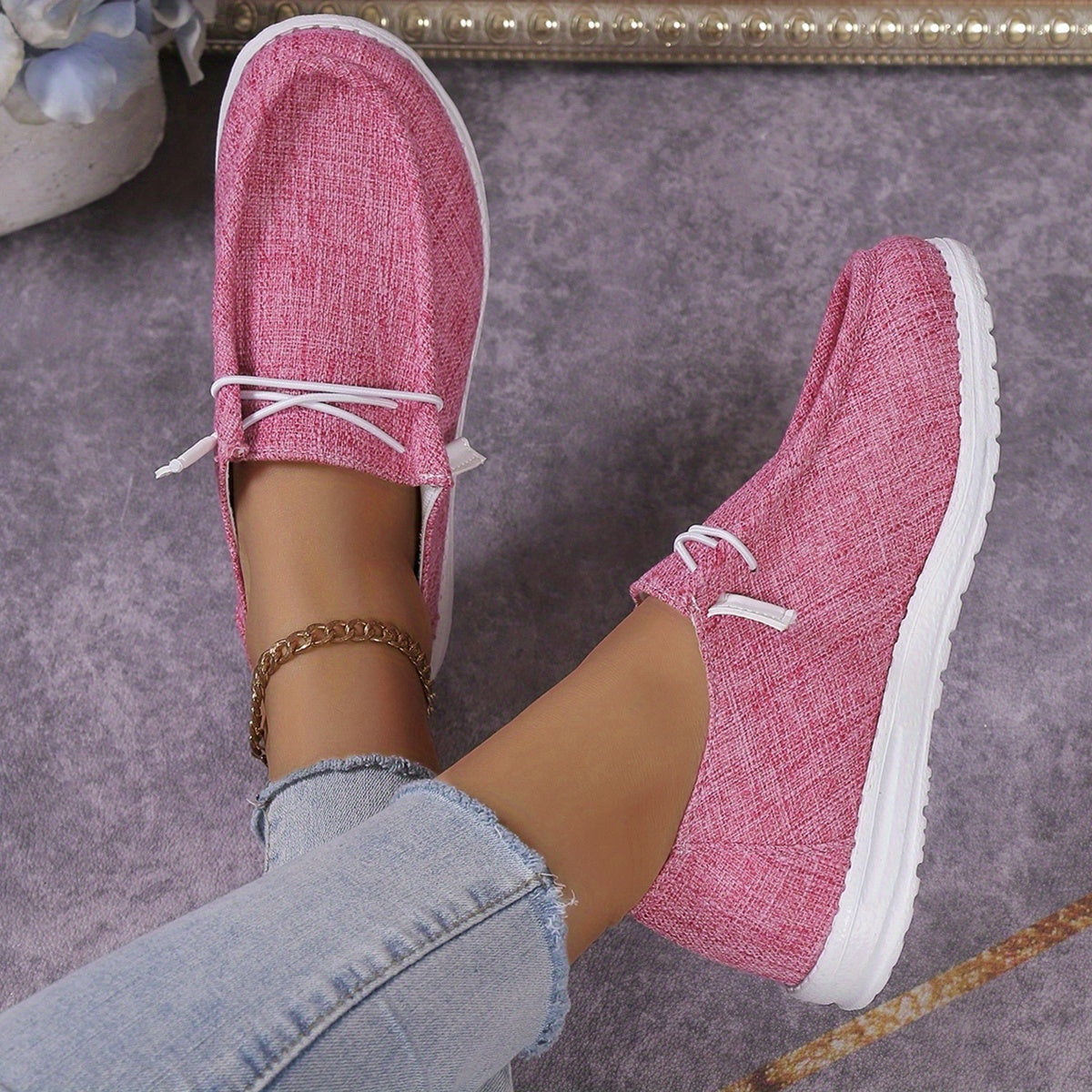 Casual Canvas Sneakers, Plain Toe Lace Up Flat Shoes